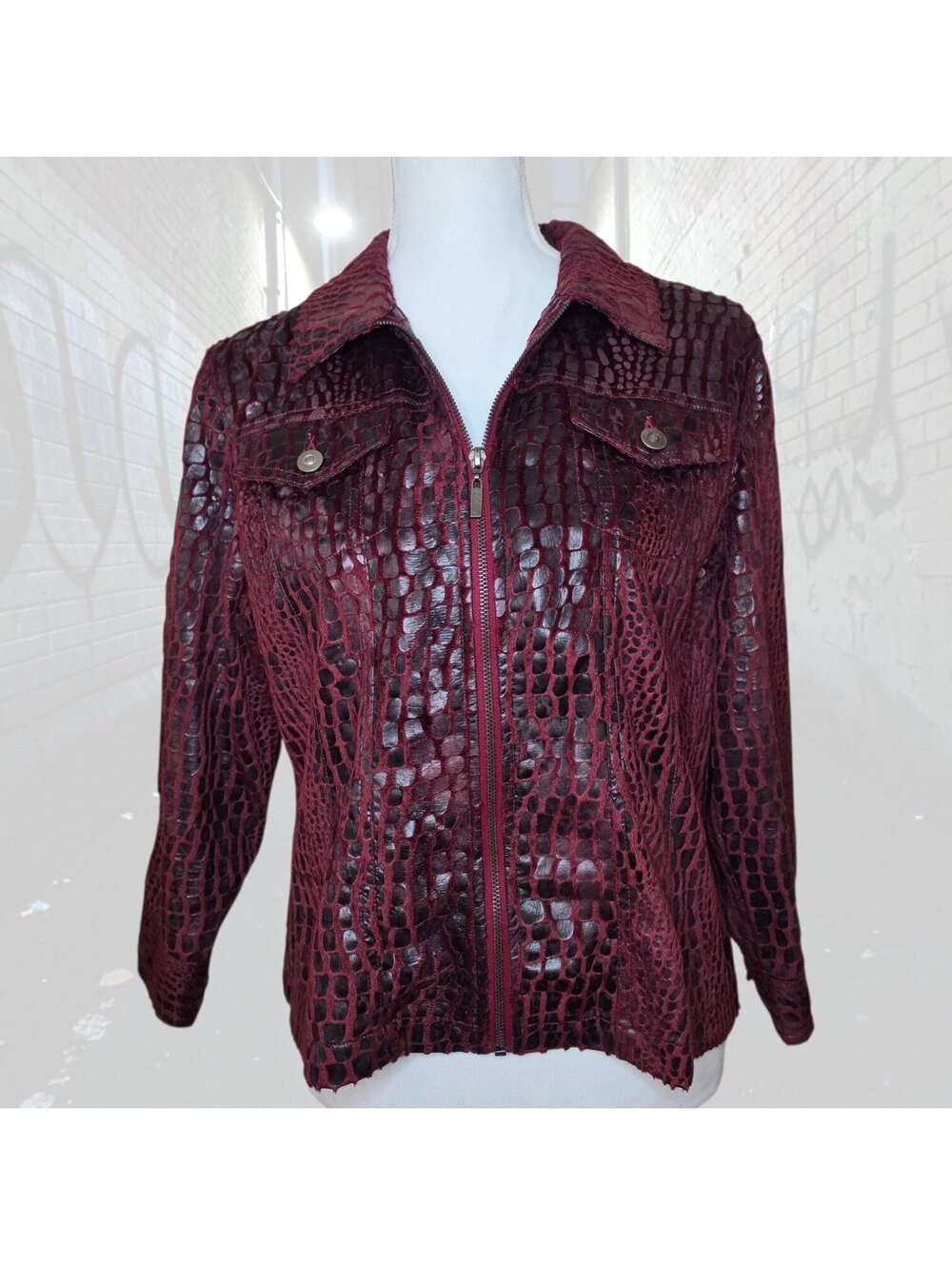 Vtg Ruby Rd Sze 12 Velvet Croc Embossed Moto Zip Jacket Texture Y2K Burgundy Red